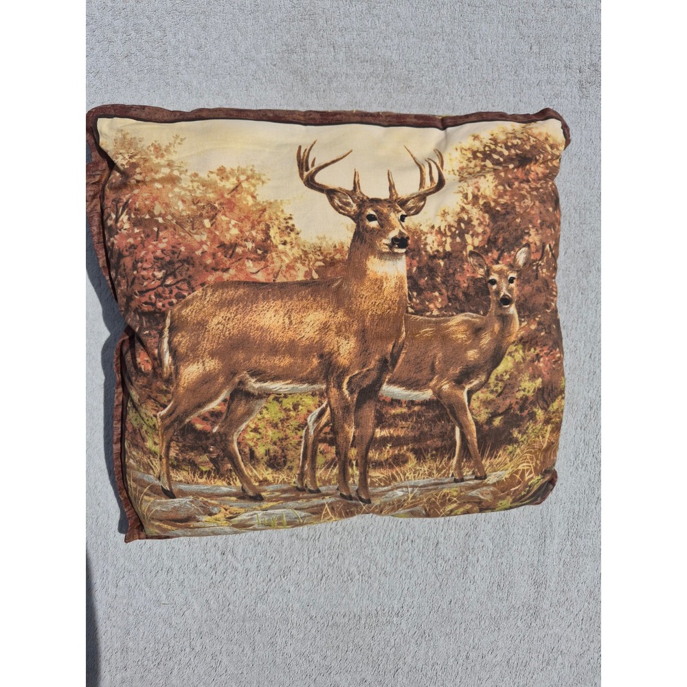 Vintage Reversible Deer Wildlife Throw Pillow Cabin Decor Buck and Doe 16x16